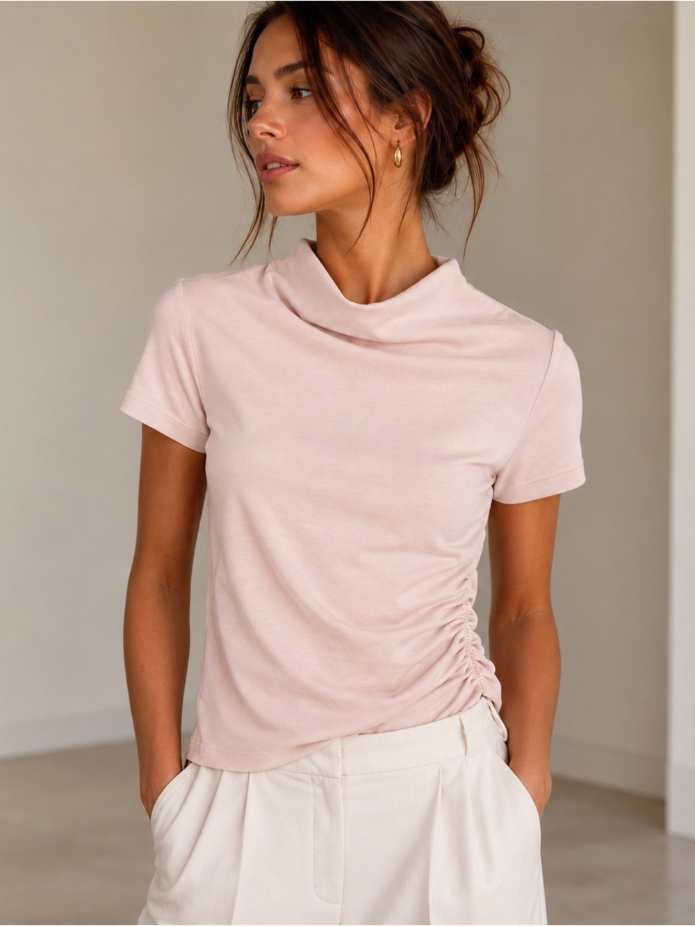 COS Blush Pink Ruched Side Mock Neck Short Sleeve Top XS Minimalist